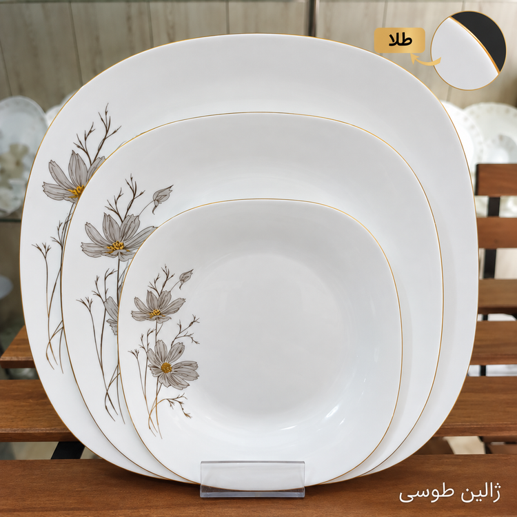 سرویس آرکوپال 26 پارچه طرح ژالین طوسی قالب مربع لب طلا برند آیرا اپال (کارخانه مقصود)