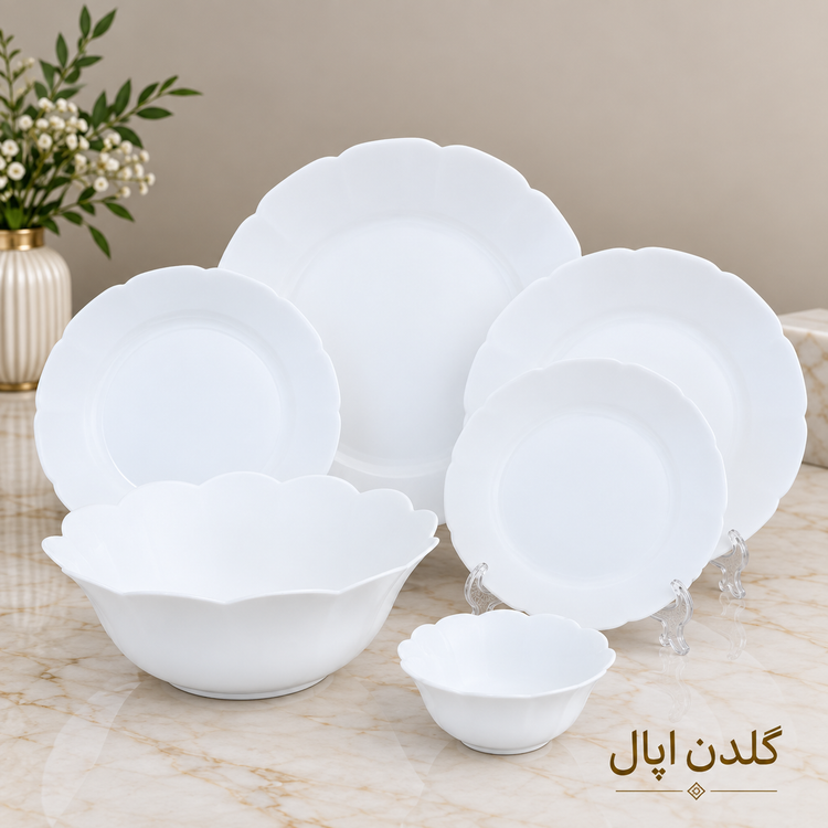سرویس ارکوپال 26 پارچه گلدن اپال طرح فلورینا سفید ساده